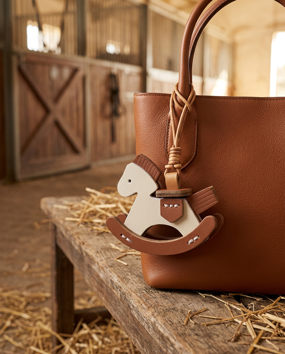 Schaukelpferd Taschenanhänger in Creme/Braun an einer braunen Handtasche im Pferdestall
