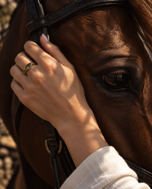 Siegelring Damen gold mit Marquise-Stein aus 18K vergoldetem Edelstahl – Horse & Harmonie