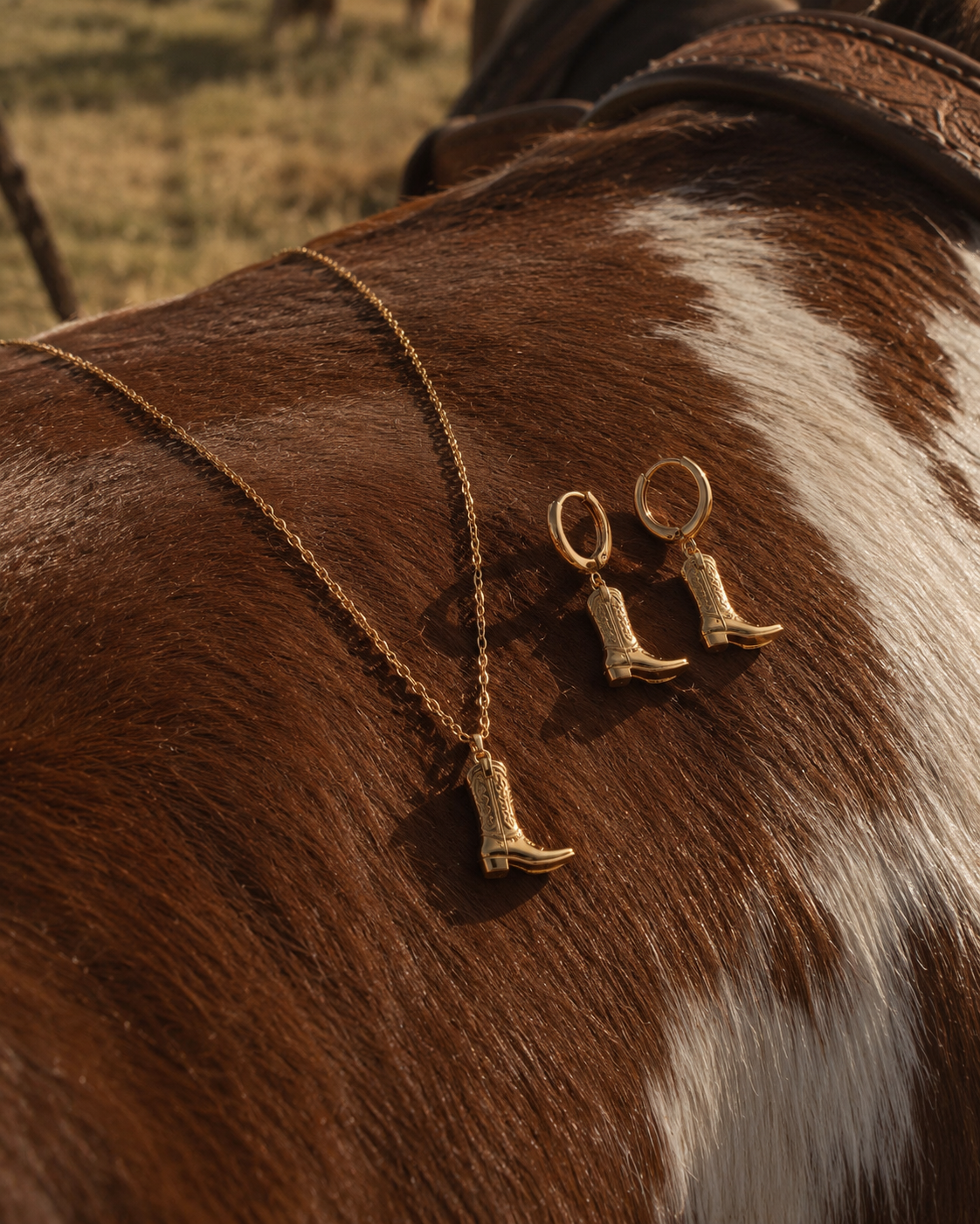 Western Schmuckset: goldene Kette und Creolen mit Cowboystiefel-Anhänger aus Edelstahl