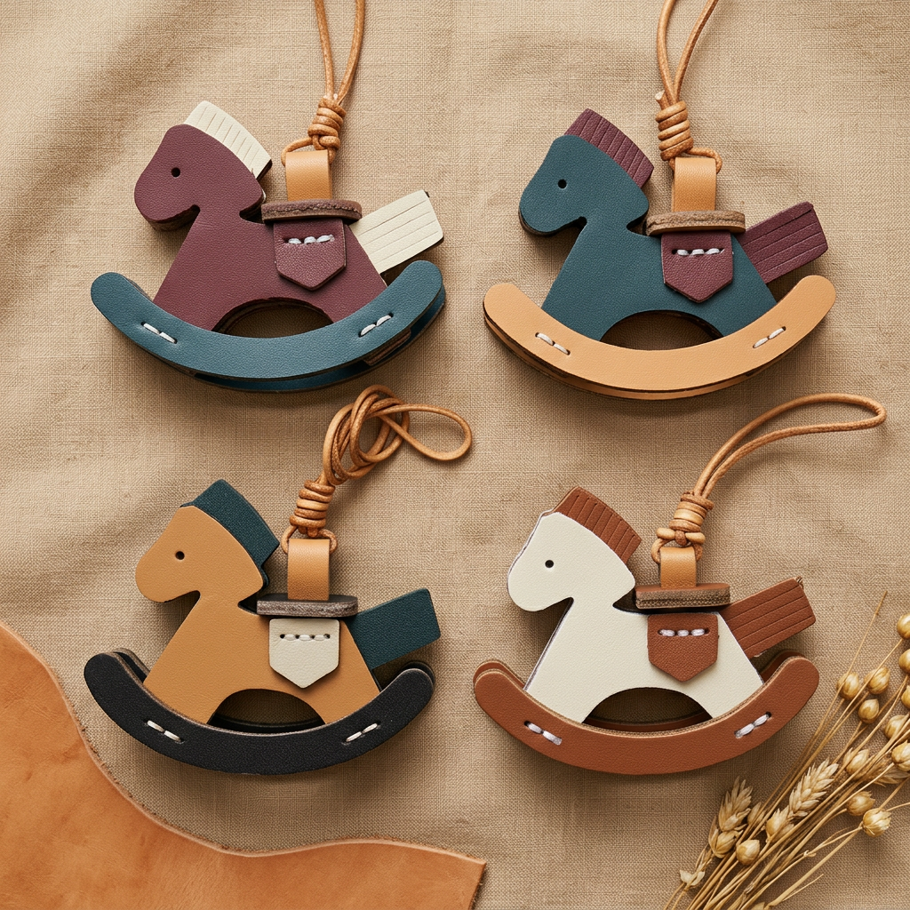 Taschenanhänger Pferd: vier Schaukelpferd Bag Charms in Bordeaux/Petrol, Petrol/Sand, Cognac/Schwarz und Creme/Braun