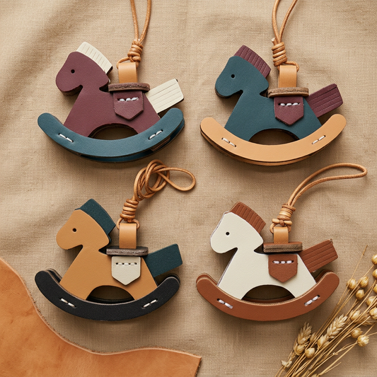 Taschenanhänger Pferd: vier Schaukelpferd Bag Charms in Bordeaux/Petrol, Petrol/Sand, Cognac/Schwarz und Creme/Braun