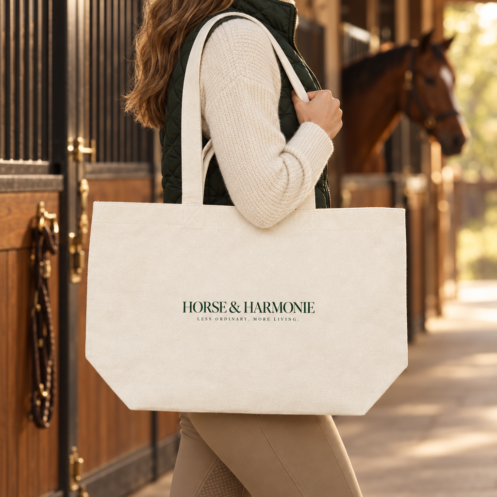Reiterin trägt die Horse & Harmonie Canvas Shopping Bag in Natur über der Schulter im Pferdestall – Einkaufstasche aus recycelter Baumwolle